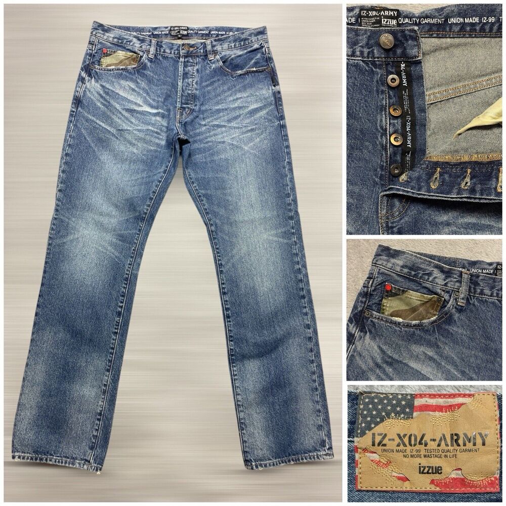 IZZUE IZ-X04-ARMY Frayed Edges Men’s Buttonfly Slim Fit  Jeans Size 36x31